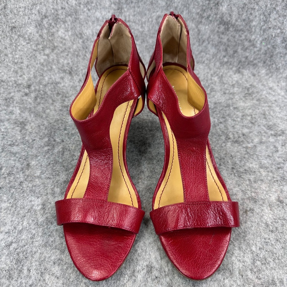 Nine West Womens Red Leather Wedge Sandals Size 8 T Strap Comfort Back Zip - Picture 2 of 14
